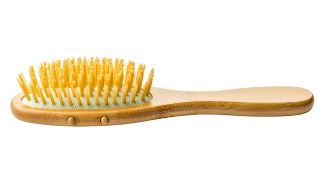 Natural wooden bamboo hairbrush with soft yellow bristles for healthy hair care and styling