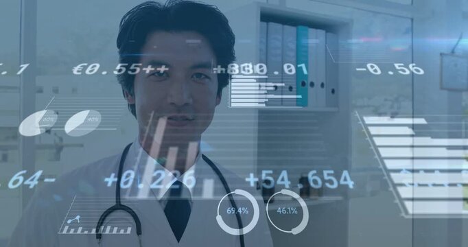 Physician standing in clinic as data sliding from sides overlaying torso and showing metrics