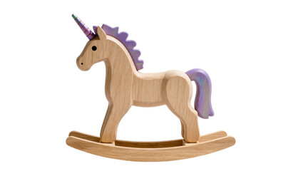 A charming wooden rocking unicorn toy with a colorful horn and purple mane and tail © Natasha