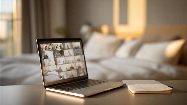 Smartphone screen showing virtual prayer circle with participants in video grid, notebook with handwritten reflections beside device on nightstand, ideal for online religious community gathering,