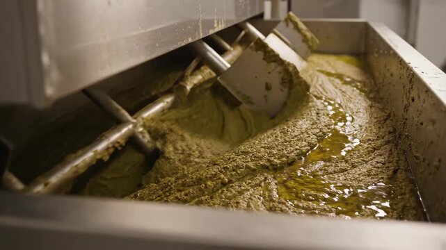 Workers are mixing large quantities of ingredients in a machine to prepare food products during a busy time at the kitchen
