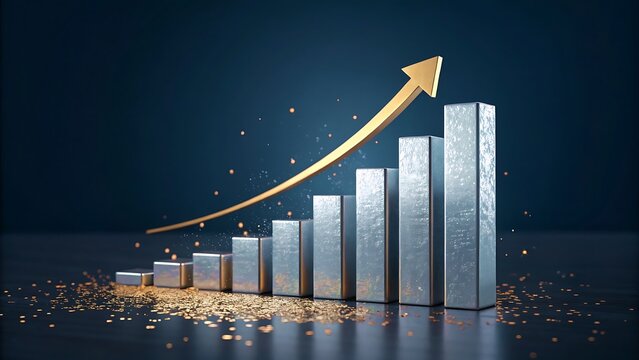 Metallic bar chart with a golden arrow and scattered particles, illustrating financial growth, investment returns, and market performance, investment return