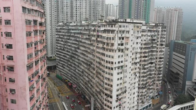 Drone shot of massive government subsidized housing complex in Hong Kong