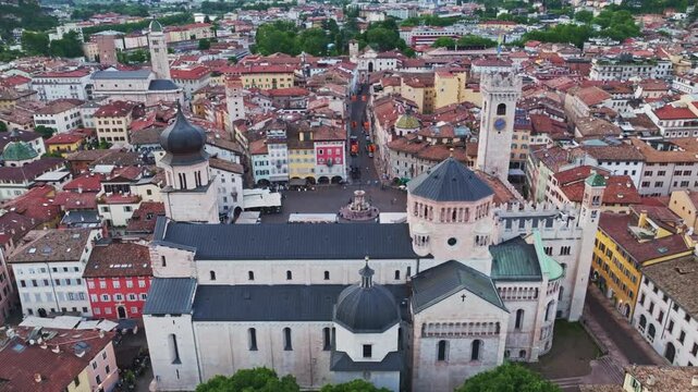 Aerial drone view of Trento Cathedral (Duomo di San Vigilio) in Piazza del Duomo, Trento, Italy.