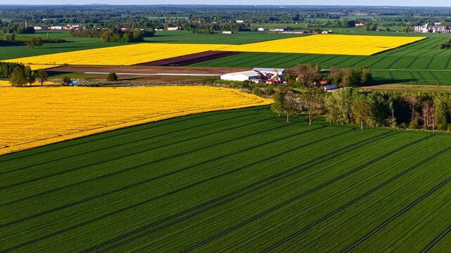 Aerial farmland background with yellow fields, green crop lines and open rural scenery. Clean agricultural landscape with natural patterns and usable copy space for design, text or presentation layout