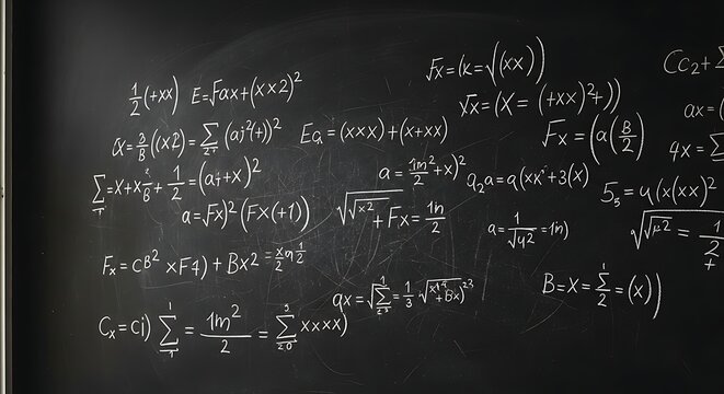 A complex mathematical equation is written on a blackboard in a classroom setting with formulas and symbols displayed clearly.