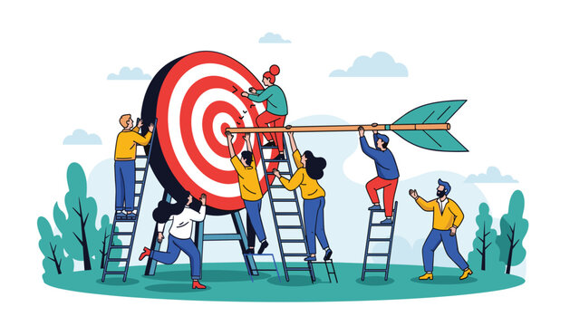 A group of people working together to hit a target with an arrow symbolizing teamwork and collaboration to achieve a common goal