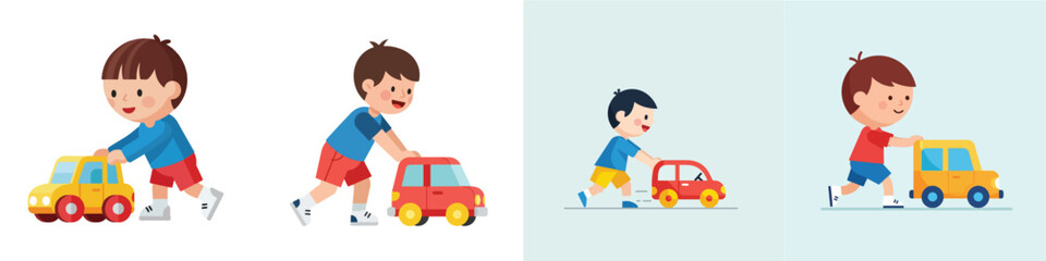 A little boy pushing a toy car, flat vector design, no outlines, solid background © Haris Lost
