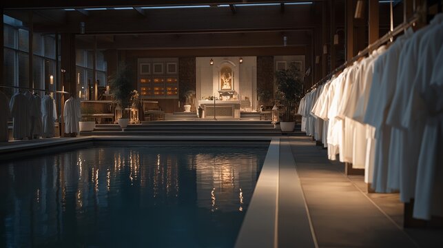 Baptismal pool in modern church with underwater lighting, white robes hanging on hooks, reflection in still water surface creating serene environment, ideal for baptism ceremony celebration