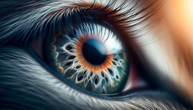 Closeup of a blue and green animal eye with detailed iris and eyelashes