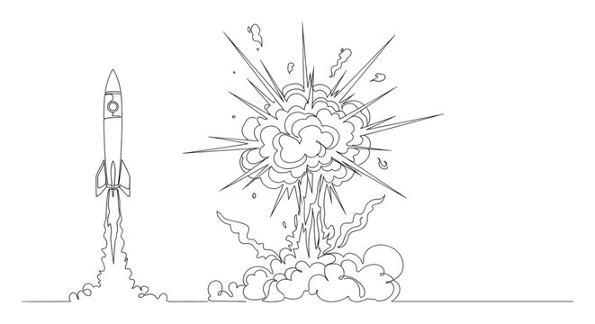 A modern one line drawing illustrating the dynamic process of a space rocket launching with smoke plumes and a separate powerful starburst explosion, suitable for futuristic or energetic