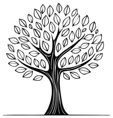 Obraz premium Stylized Line Art of a Tree with Full Foliage. Trunk, Branches, and Leaves. Graphic Illustration with Black Outline.