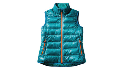 Stylish teal women's puffer vest with bright orange zippers for outdoor activities and layering © Ryan