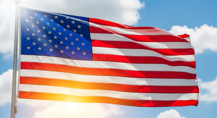 Obraz premium Waving American flag against a blue sky with clouds, symbolizes freedom, patriotism, and national pride, perfect for governmental or festive themes