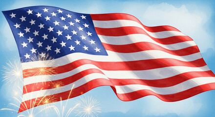 Obraz premium Waving flag illustration, with red and white stripes, blue field with white stars and fireworks, representing patriotism, celebration, independence