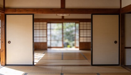 Fototapeta premium Framing open fusuma doors leading into Japanese room, with tatami, shoji, beams, garden, sunlight