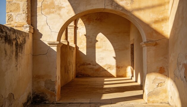 Framing arched stone passage bathing sunlit arcade with parapet tiled floor cracked plaster doorway