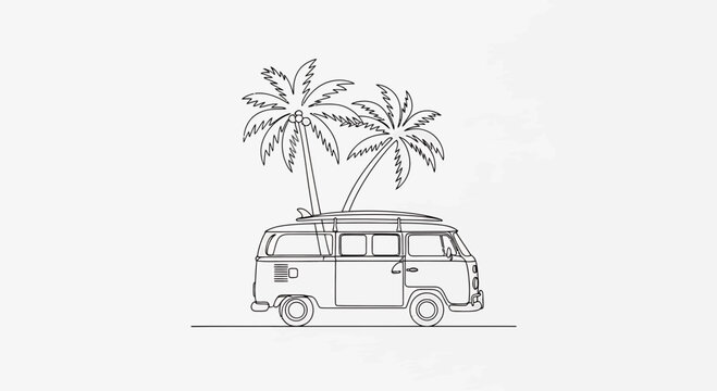 Vintage camper van, palm trees, tropical travel, line art illustration, vector graphics