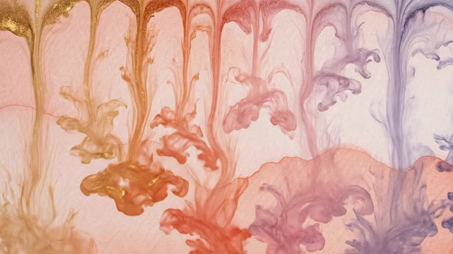 golden, peach, and purple ink flowing and mixing in water. abstract fluid art texture with metallic shimmer. elegant background for graphic design, presentation, packaging, creative backdrop