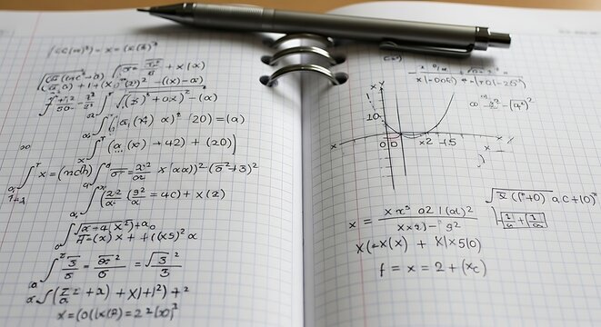 A silver pen lies on a notebook filled with complex mathematical equations and graphs on graph paper.