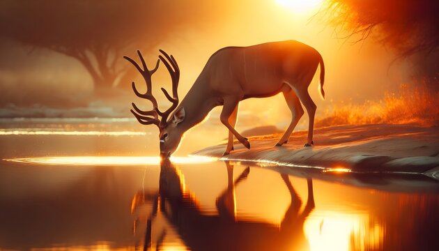 A deer with large antlers drinks water from a calm lake at sunset with a golden sky