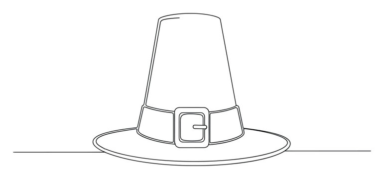 Continuous line drawing of a traditional pilgrim hat with a buckle, perfect for celebrating Thanksgiving, historical themes, educational resources, or seasonal promotional materials.