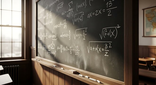 A teacher's chalkboard filled with complex mathematical equations stands in a classroom with a window and a desk.