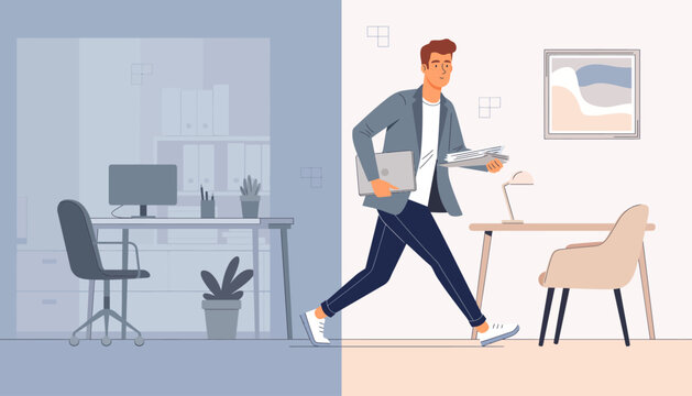 Flat vector illustration showing a man walking between a professional corporate office and a home workspace in a split-screen design, carrying a laptop and documents.