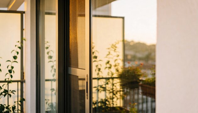 Framing partly open sliding door with screen handle, showing frosted panels on apartment balcony