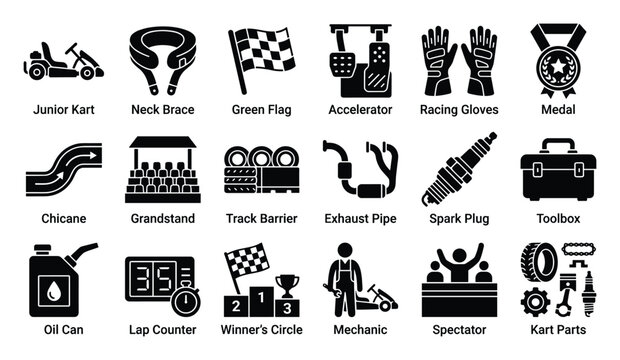Comprehensive collection of go kart racing and karting sport icons in solid glyph style, perfect for illustrating race events, equipment, track components, and competitive activities for