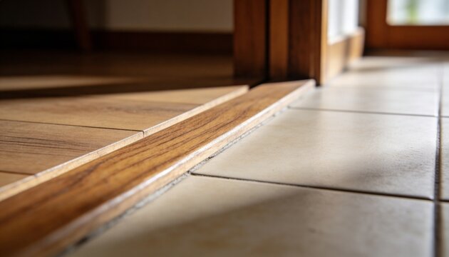 Showing wood threshold dividing ceramic tile from wood floor at doorway, revealing sunlit grout gap