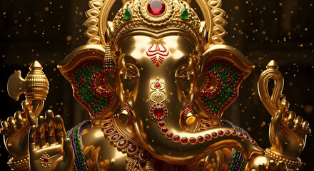 Obraz premium Lord Ganesha in 24k gold with ruby and emerald gemstone inlays. Hyper-realistic 3D render with cinematic golden lighting. 