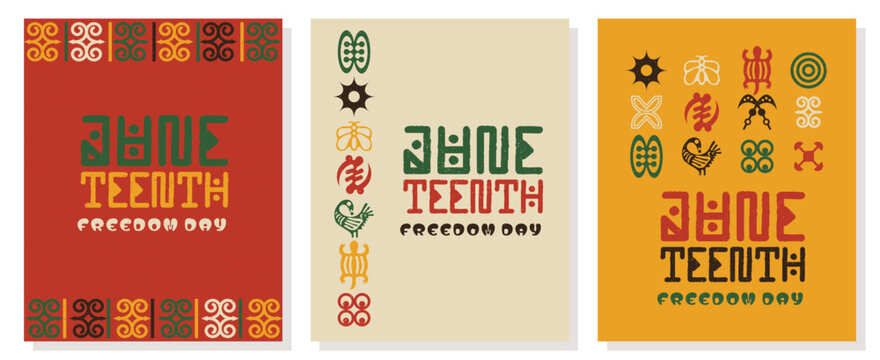 Juneteenth, Freedom Day, African culture, celebration, A vibrant Juneteenth design featuring African Adinkra symbols and bold typography in red, green, and yellow. Perfect for posters