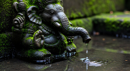 Fototapeta premium Detailed 3D artistic rendering of Lord Ganesha stone sculpture covered with natural green moss, featuring flowing water. Perfect for Diwali, Ganesh Chaturthi, spiritual meditation themes, Indian cultu