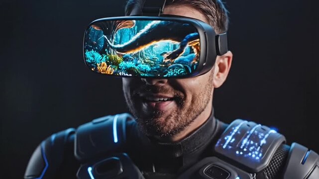 Man wearing VR headset immersed in futuristic fantasy world