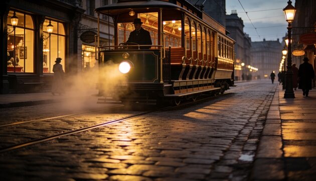 Gliding vintage wooden tram traveling along wet cobblestone tracks at dusk, period-clad pedestrians