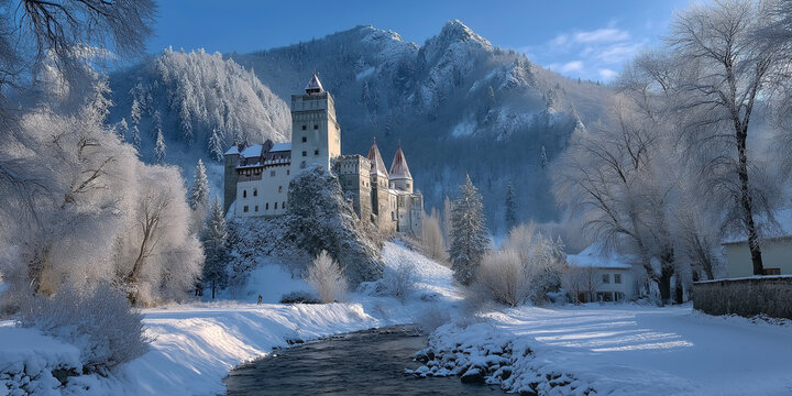 winter landscape with Bran Castle of Transylvania 
