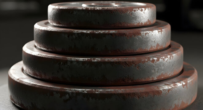 Stack of heavy vintage iron weight plates with realistic rust and metallic texture. Authentic 3D asset for hardcore gym branding, crossfit powerlifting, and old-school strength training themes.