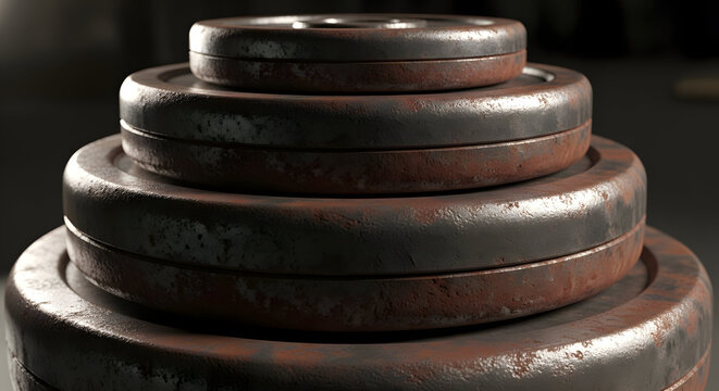Stack of heavy vintage iron weight plates with realistic rust and metallic texture. Authentic 3D asset for hardcore gym branding, crossfit powerlifting, and old-school strength training themes.