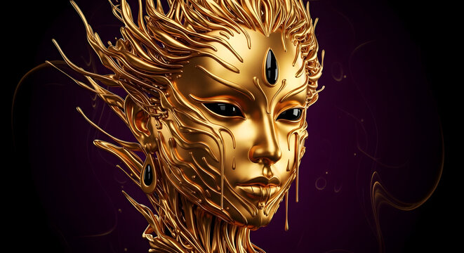 Luxurious intricately carved gold mask of a spiritual female face with a third eye motif. Premium 3D render ideal for luxury branding, divine feminine concepts, spiritual background, and fantasy art.