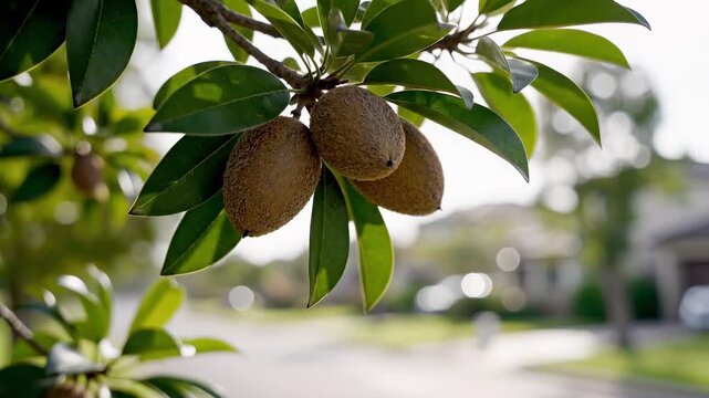Sapodilla fruits hanging from a leafy branch