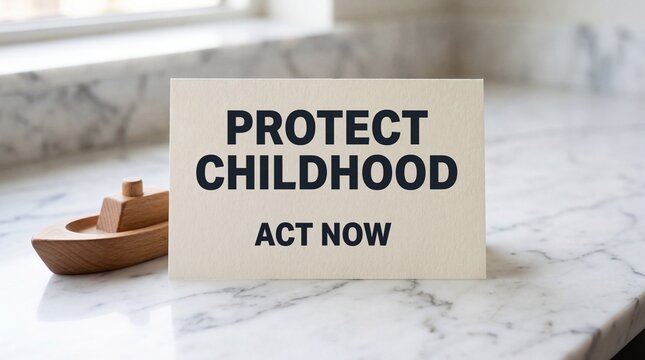 Protect Childhood Act Now Bold Message on Marble Scene 4K