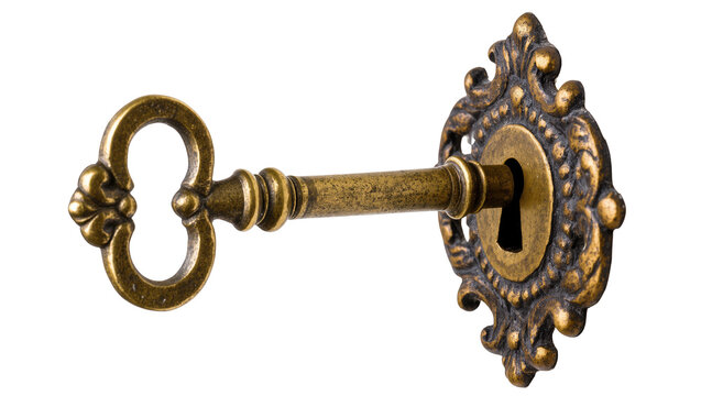 Antique brass skeleton key engaging an ornate escutcheon for secure access