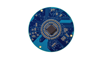 Circular blue printed circuit board with central microprocessor and electronic components