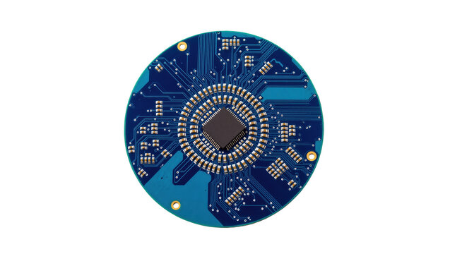 Circular blue printed circuit board with central microprocessor and electronic components