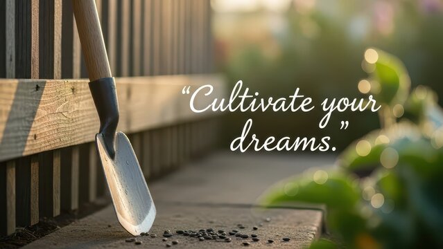Shovel and Quote about Cultivating Dreams in a Garden