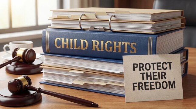 Stacked Child Rights Law Books with Protective Note