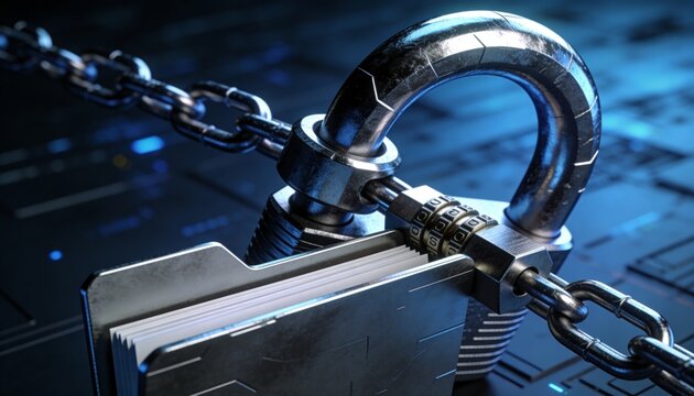 Securing combination padlock locking metal folder with papers on circuit-board surface, with chain