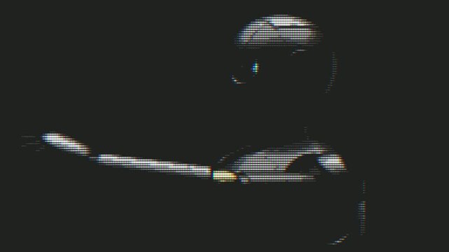 A stylized humanoid robot rendered in a halftone pixel art style on a dark background. This retro-futuristic animation suggests AI, technology, or surveillance themes.