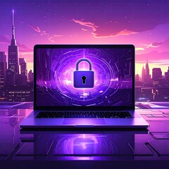 Laptop security padlock on screen, purple city skyline